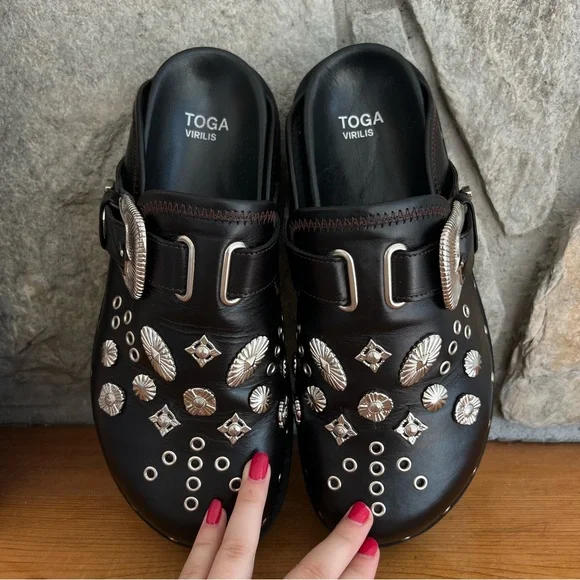 TOGA VIRILIS Men’s Black Eyelet Metal Sabot Slip-on Loafers Embellished Slippers - Picture 6 of 9